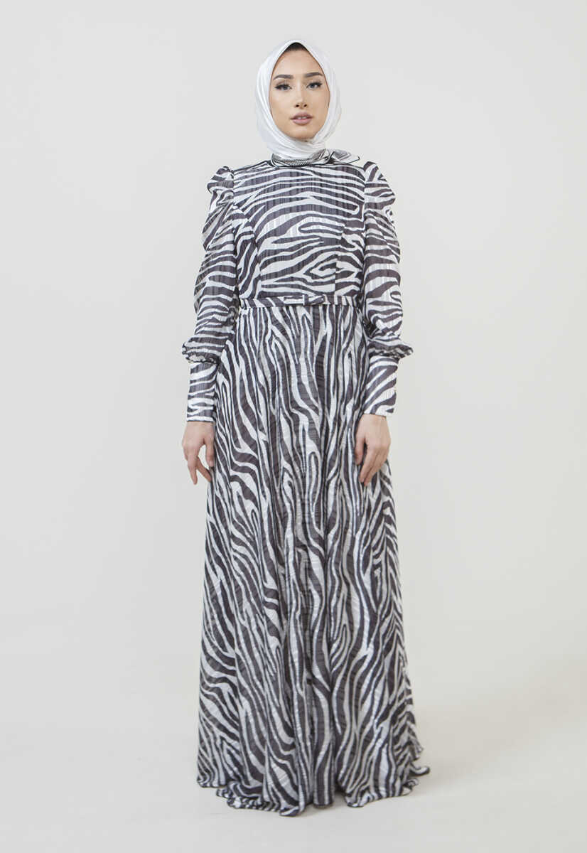 2225052 Zebra Desenli Kuşaklı Elbise, Tesettür Giyim