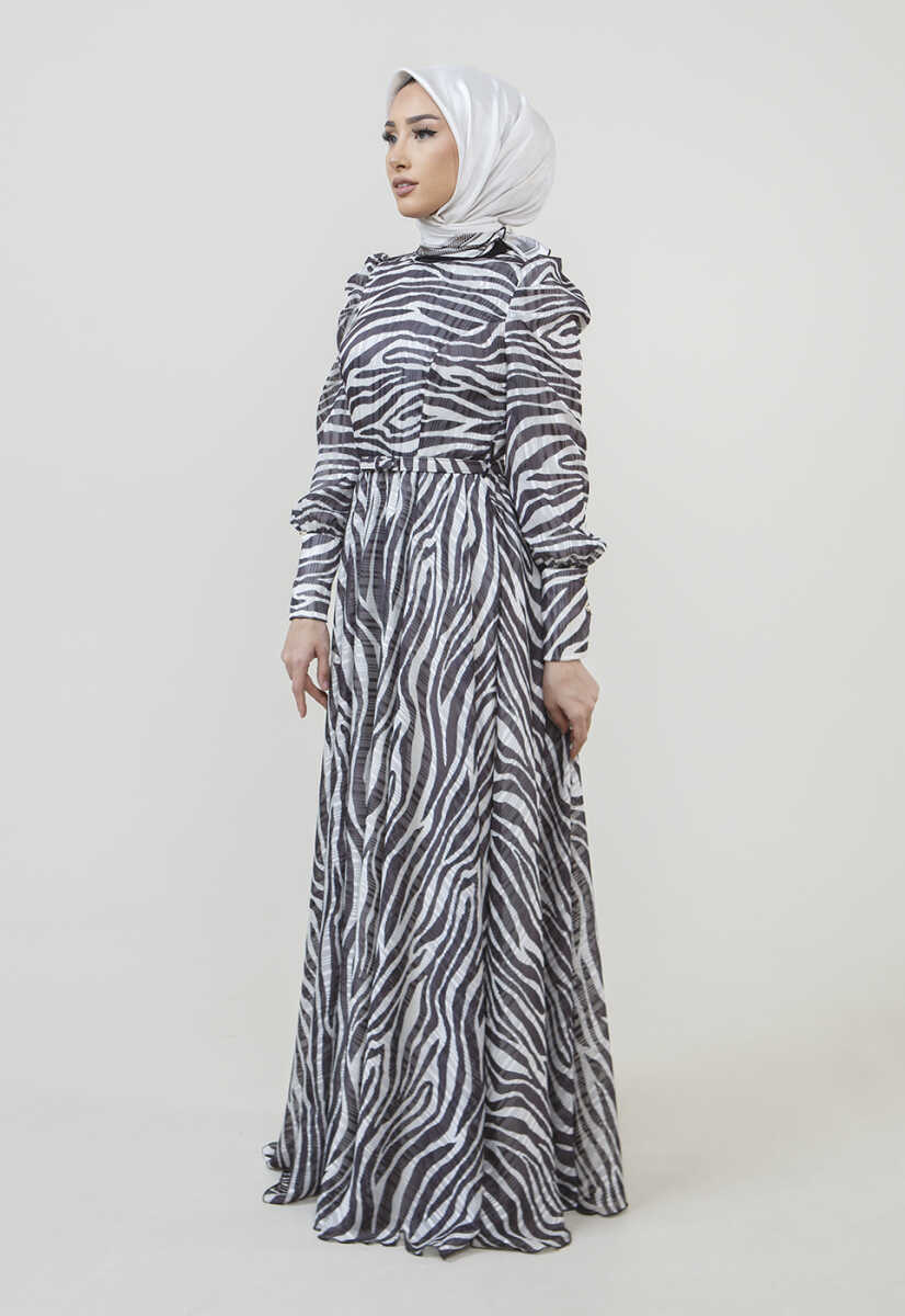 2225052 Zebra Desenli Kuşaklı Elbise, Tesettür Giyim