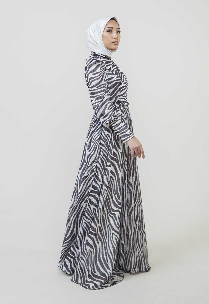 2225052 Zebra Desenli Kuşaklı Elbise, Tesettür Giyim