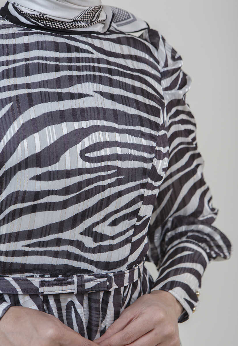 2225052 Zebra Desenli Kuşaklı Elbise, Tesettür Giyim