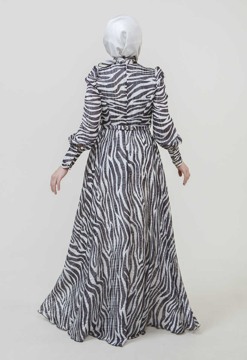 2225052 Zebra Desenli Kuşaklı Elbise, Tesettür Giyim