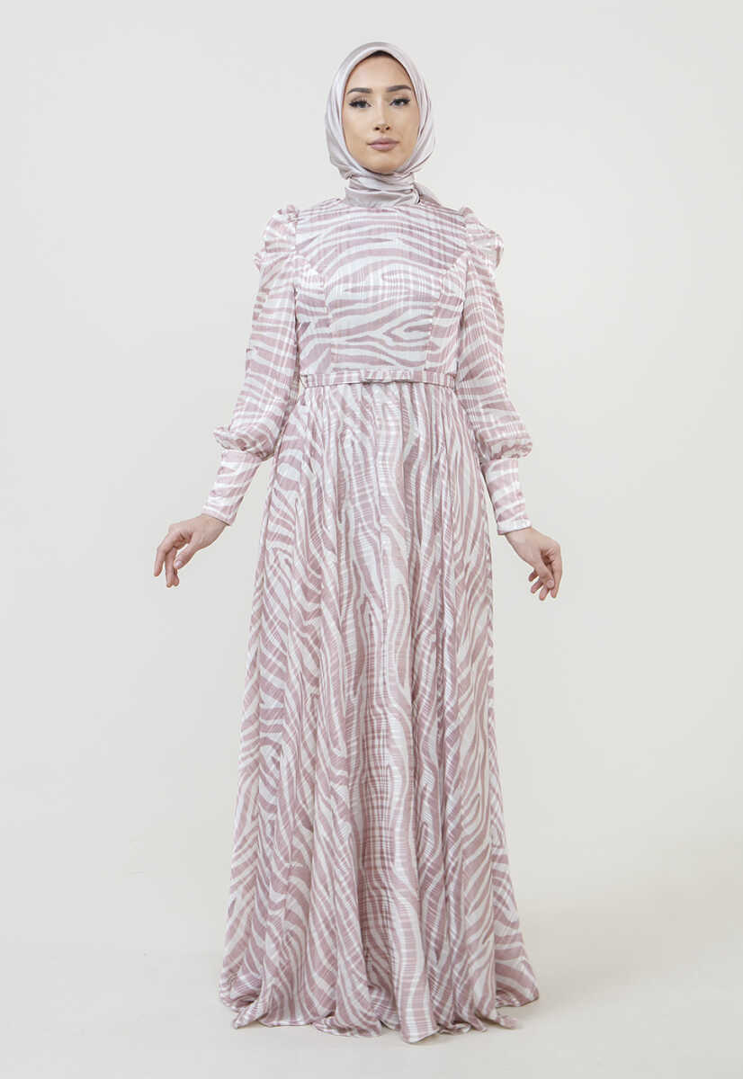 2225052 Zebra Desenli Kuşaklı Elbise, Tesettür Giyim