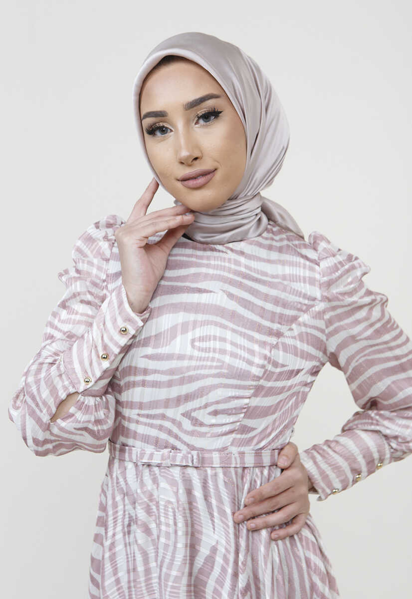 2225052 Zebra Desenli Kuşaklı Elbise, Tesettür Giyim