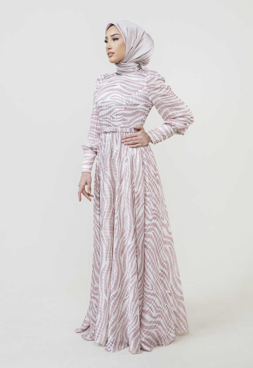 2225052 Zebra Desenli Kuşaklı Elbise, Tesettür Giyim