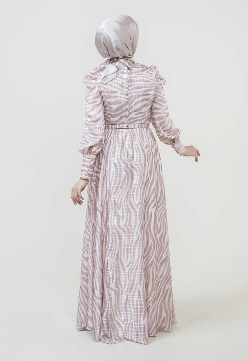 2225052 Zebra Desenli Kuşaklı Elbise, Tesettür Giyim