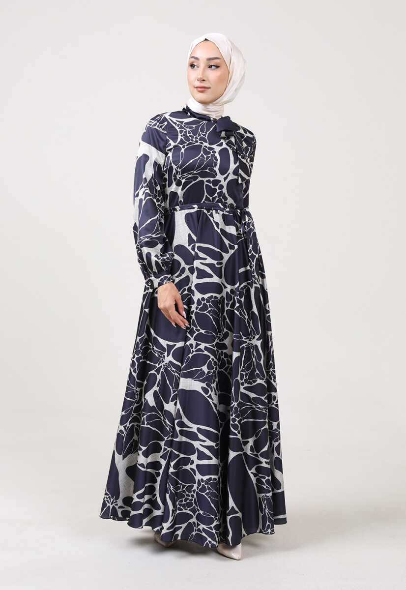 2225051K Ebruli Desen Kravat Yaka Kemerli Günlük Abiye, Tesettür Giyim