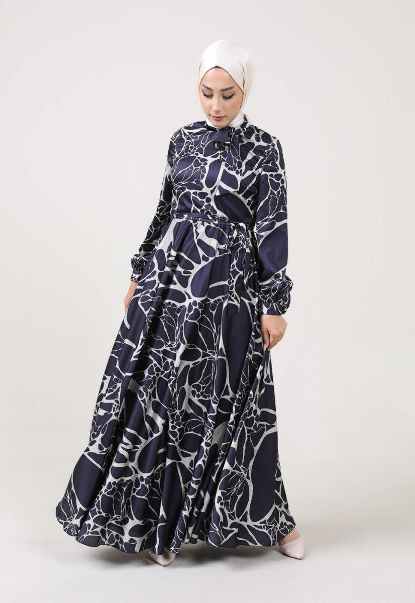 2225051K Ebruli Desen Kravat Yaka Kemerli Günlük Abiye, Tesettür Giyim