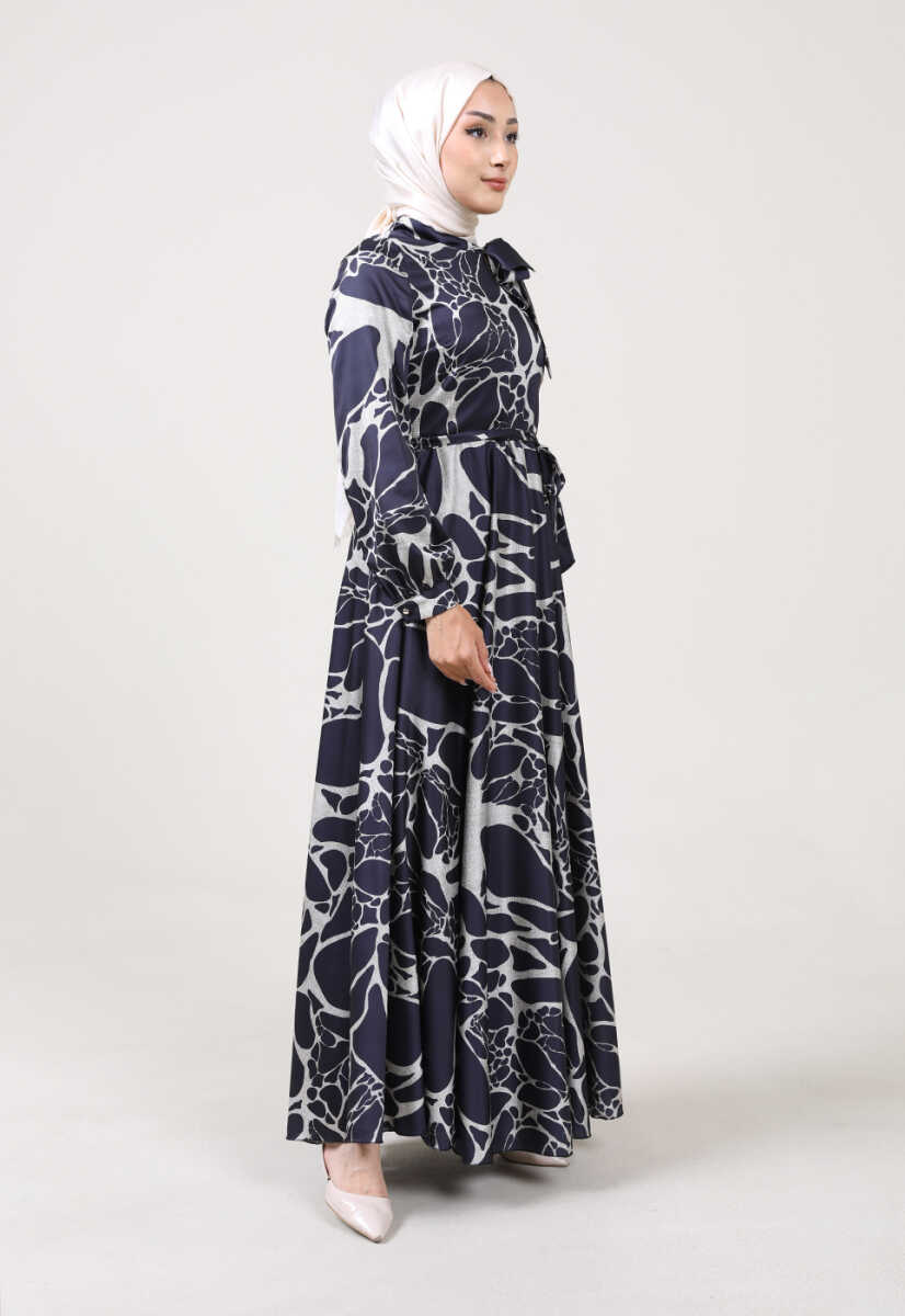 2225051K Ebruli Desen Kravat Yaka Kemerli Günlük Abiye, Tesettür Giyim