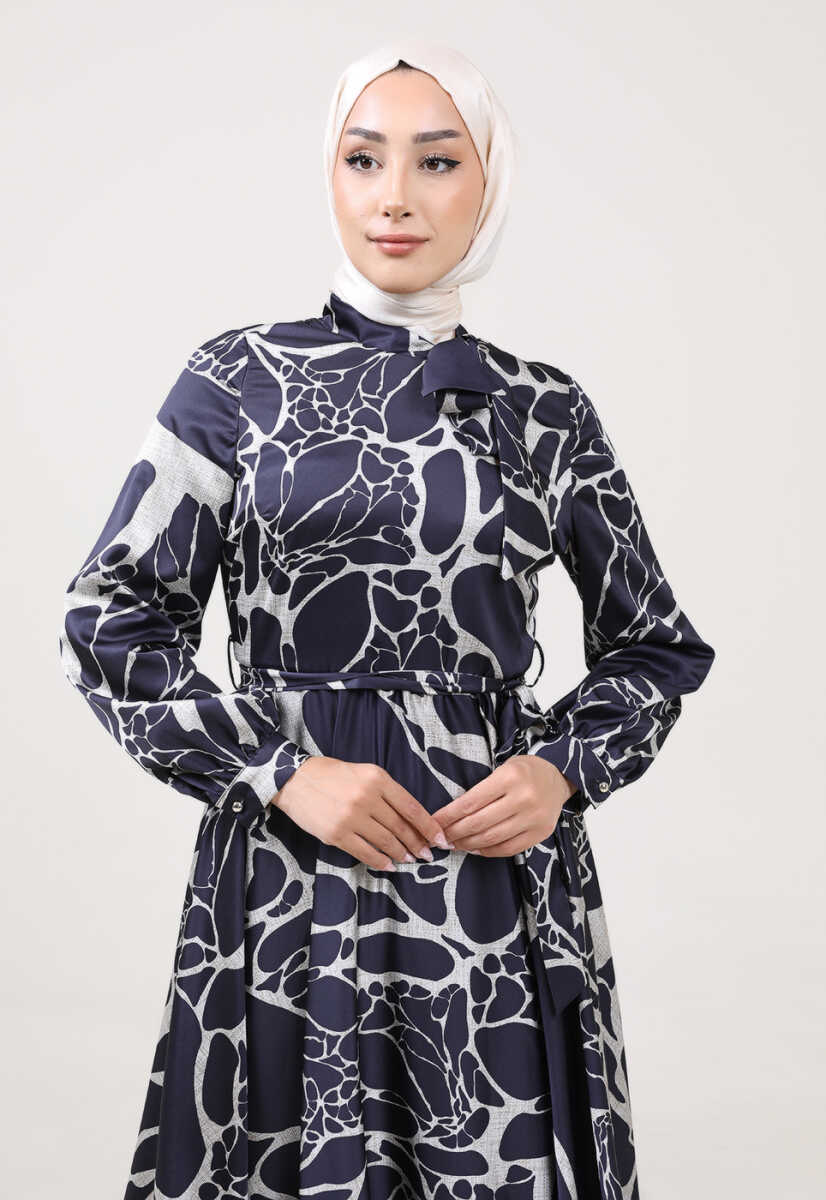 2225051K Ebruli Desen Kravat Yaka Kemerli Günlük Abiye, Tesettür Giyim