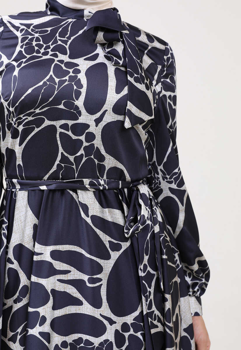 2225051K Ebruli Desen Kravat Yaka Kemerli Günlük Abiye, Tesettür Giyim