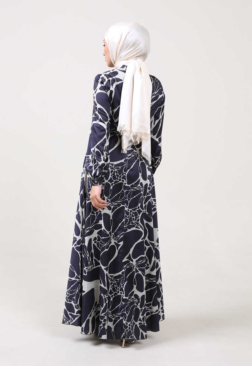 2225051K Ebruli Desen Kravat Yaka Kemerli Günlük Abiye, Tesettür Giyim