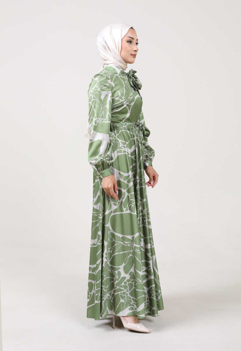 2225051K Ebruli Desen Kravat Yaka Kemerli Günlük Abiye, Tesettür Giyim