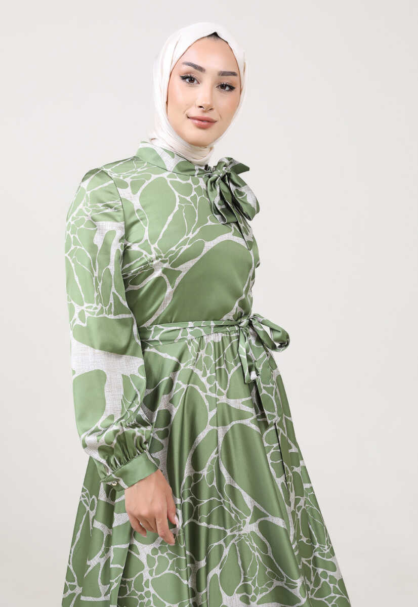 2225051K Ebruli Desen Kravat Yaka Kemerli Günlük Abiye, Tesettür Giyim