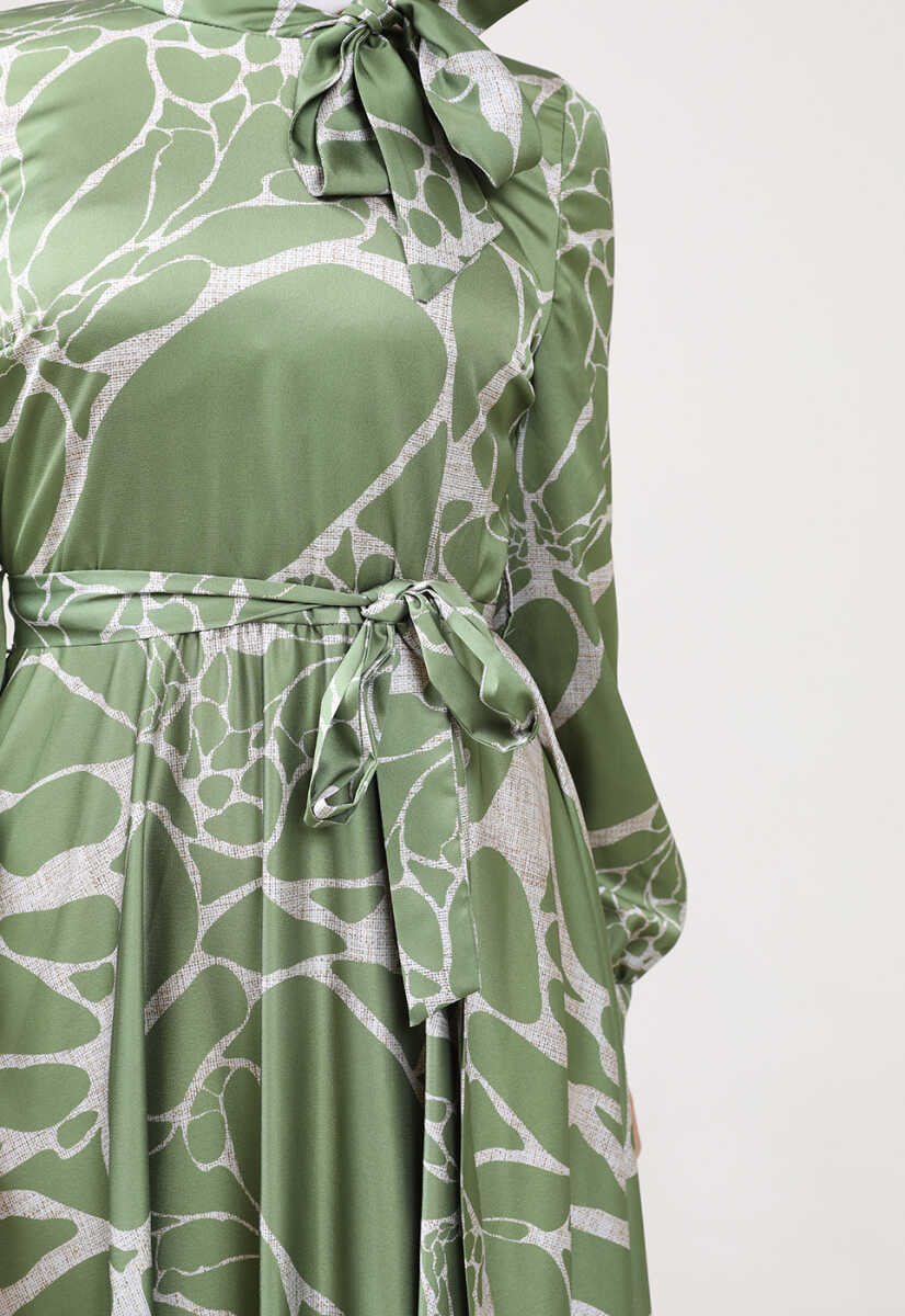 2225051K Ebruli Desen Kravat Yaka Kemerli Günlük Abiye, Tesettür Giyim