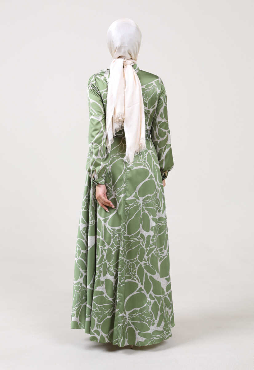 2225051K Ebruli Desen Kravat Yaka Kemerli Günlük Abiye, Tesettür Giyim