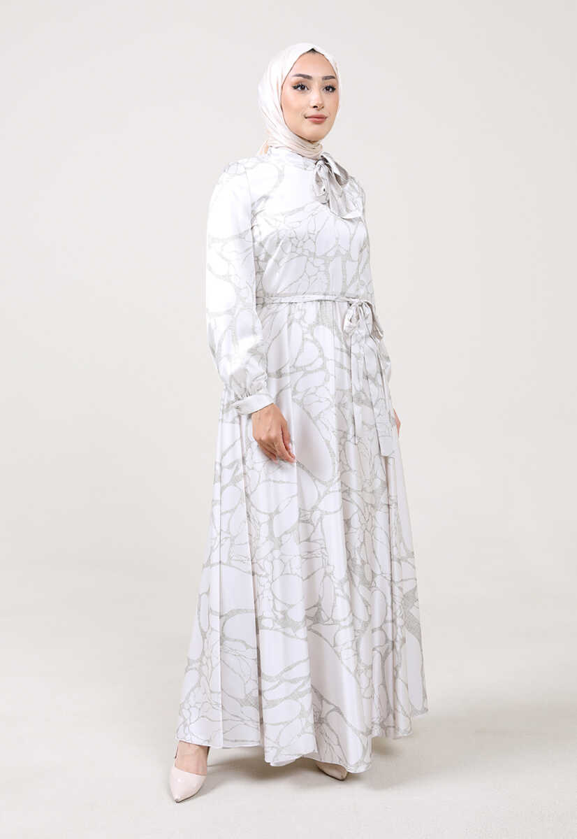 2225051K Ebruli Desen Kravat Yaka Kemerli Günlük Abiye, Tesettür Giyim