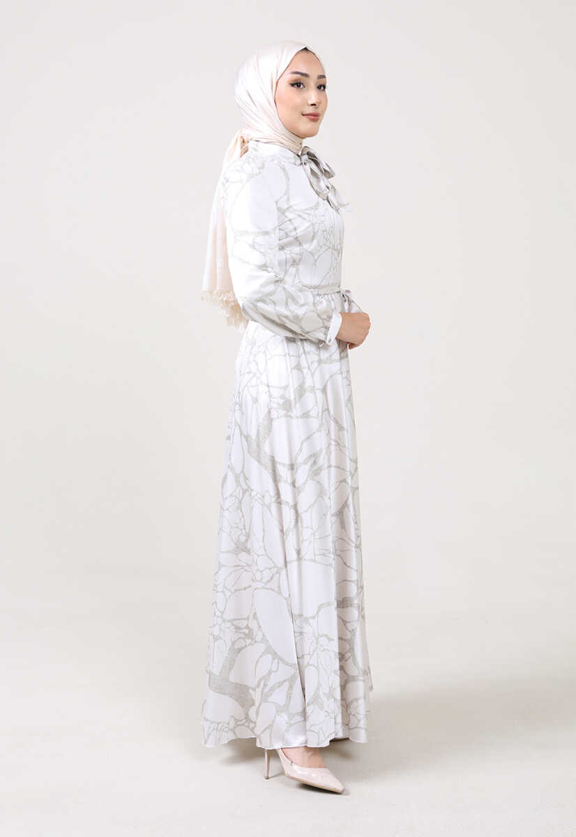 2225051K Ebruli Desen Kravat Yaka Kemerli Günlük Abiye, Tesettür Giyim