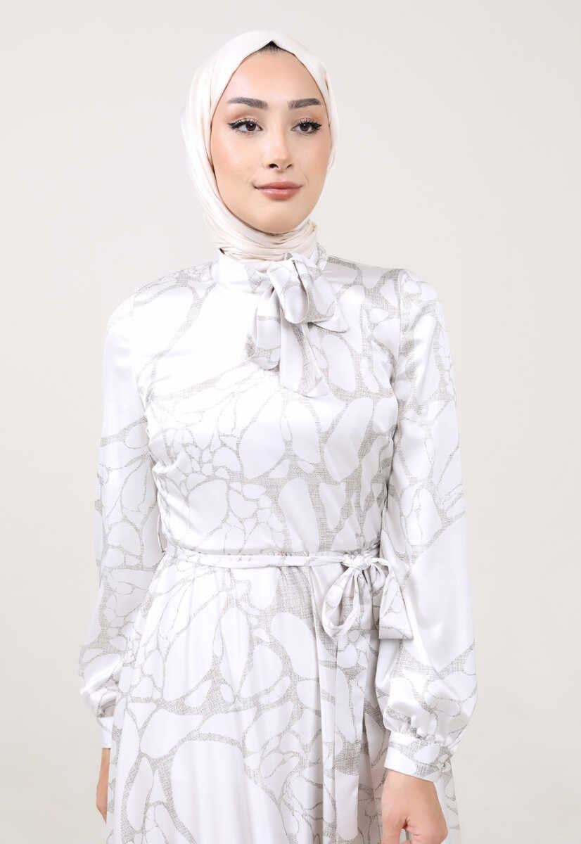 2225051K Ebruli Desen Kravat Yaka Kemerli Günlük Abiye, Tesettür Giyim