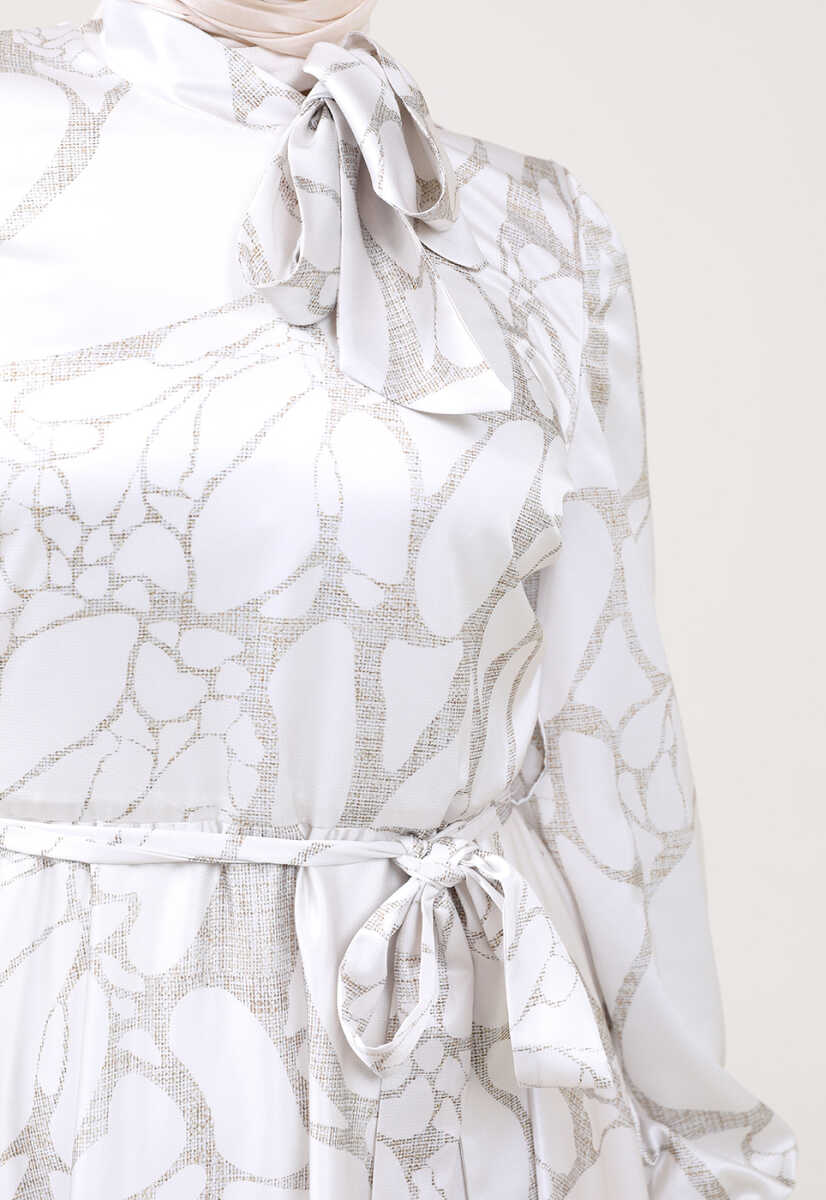 2225051K Ebruli Desen Kravat Yaka Kemerli Günlük Abiye, Tesettür Giyim