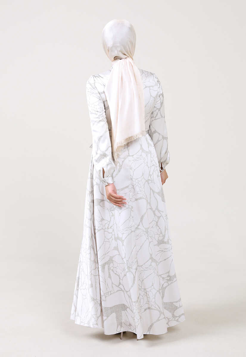 2225051K Ebruli Desen Kravat Yaka Kemerli Günlük Abiye, Tesettür Giyim