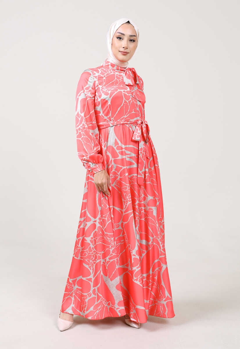 2225051K Ebruli Desen Kravat Yaka Kemerli Günlük Abiye, Tesettür Giyim