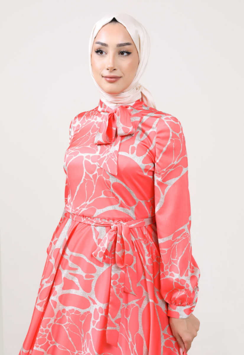 2225051K Ebruli Desen Kravat Yaka Kemerli Günlük Abiye, Tesettür Giyim