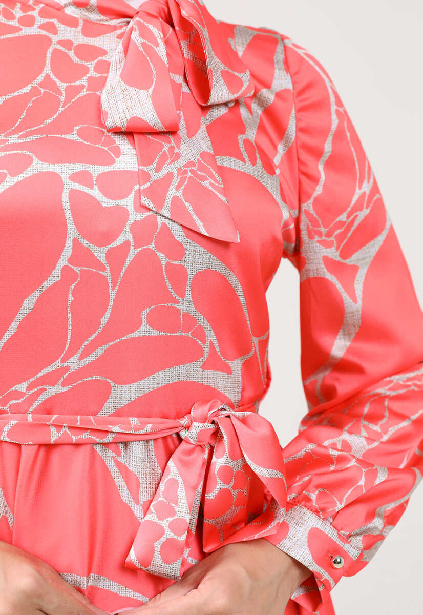 2225051K Ebruli Desen Kravat Yaka Kemerli Günlük Abiye, Tesettür Giyim