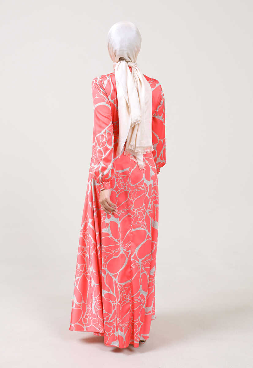 2225051K Ebruli Desen Kravat Yaka Kemerli Günlük Abiye, Tesettür Giyim