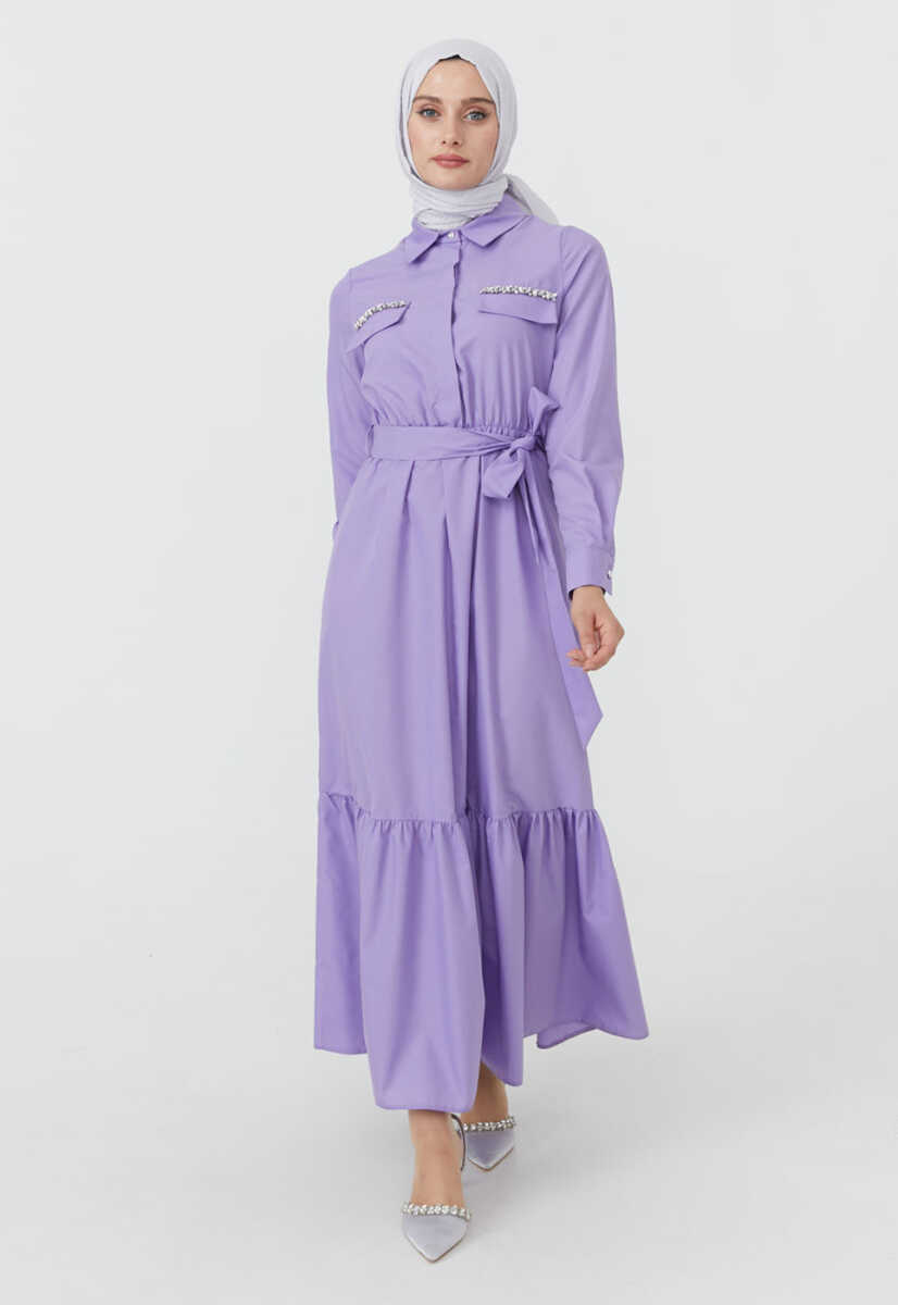 2325153 Taş İşlemeli Cep Detaylı Kuşaklı Elbise, Tesettür Giyim