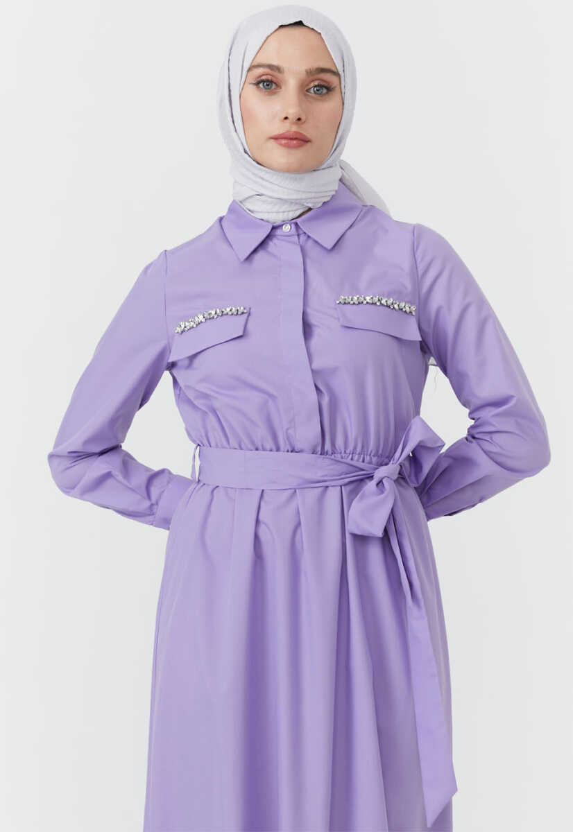 2325153 Taş İşlemeli Cep Detaylı Kuşaklı Elbise, Tesettür Giyim