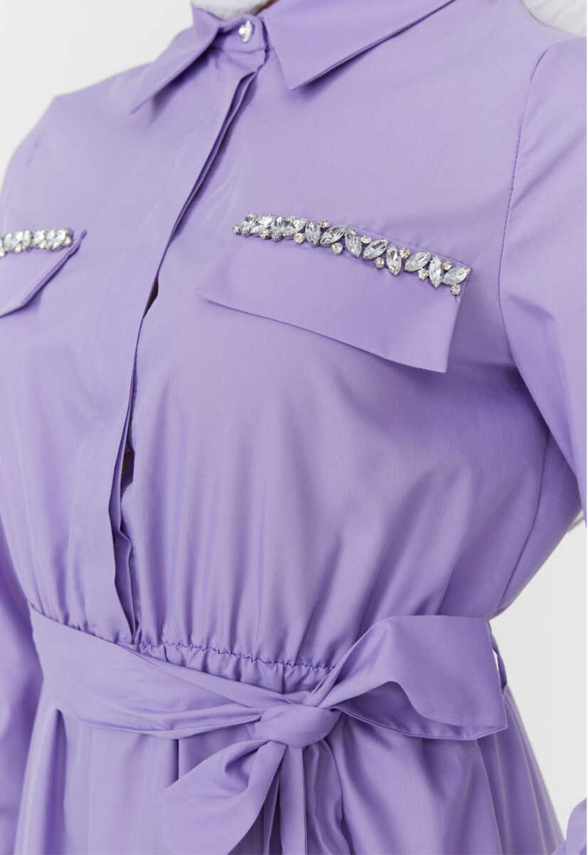 2325153 Taş İşlemeli Cep Detaylı Kuşaklı Elbise, Tesettür Giyim