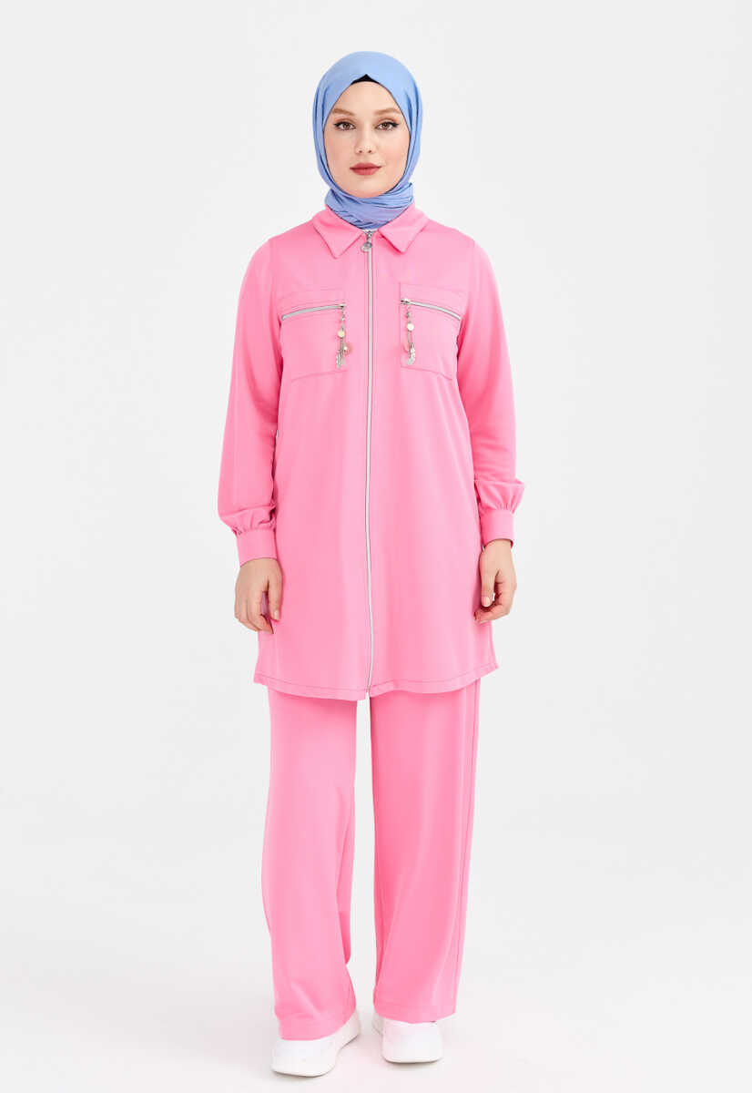 2327069 Aksesuar Detaylı Gömlek Yaka Alt Üst Takım, Tesettür Giyim
