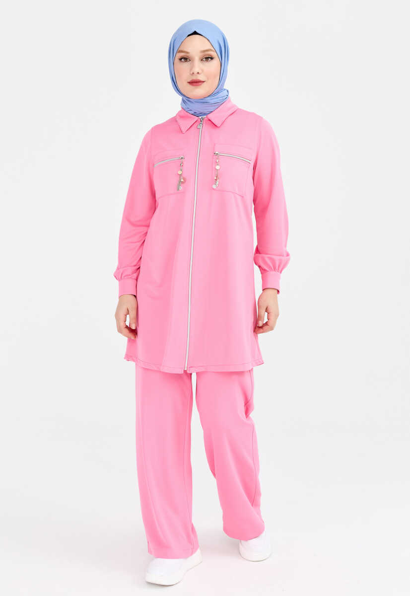 2327069 Aksesuar Detaylı Gömlek Yaka Alt Üst Takım, Tesettür Giyim