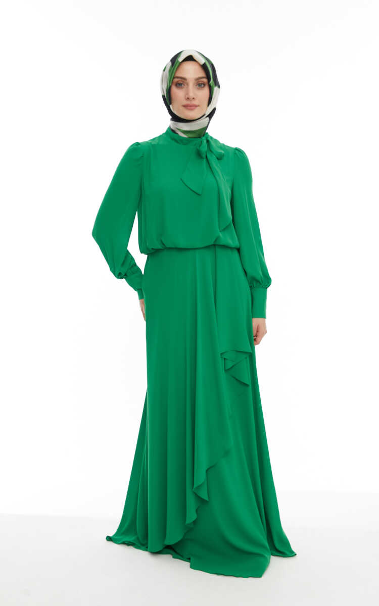 2421007 Yaka Bağlama Detaylı Şifon Abiye Elbise, Tesettür Giyim