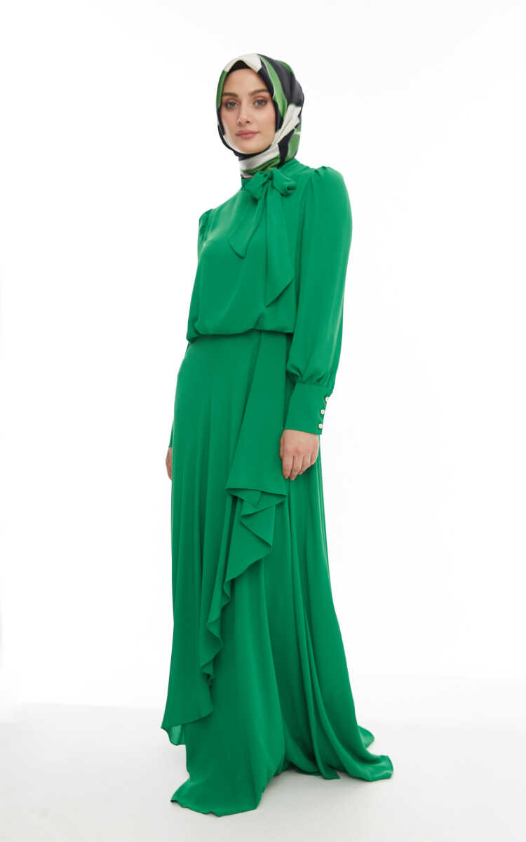 2421007 Yaka Bağlama Detaylı Şifon Abiye Elbise, Tesettür Giyim