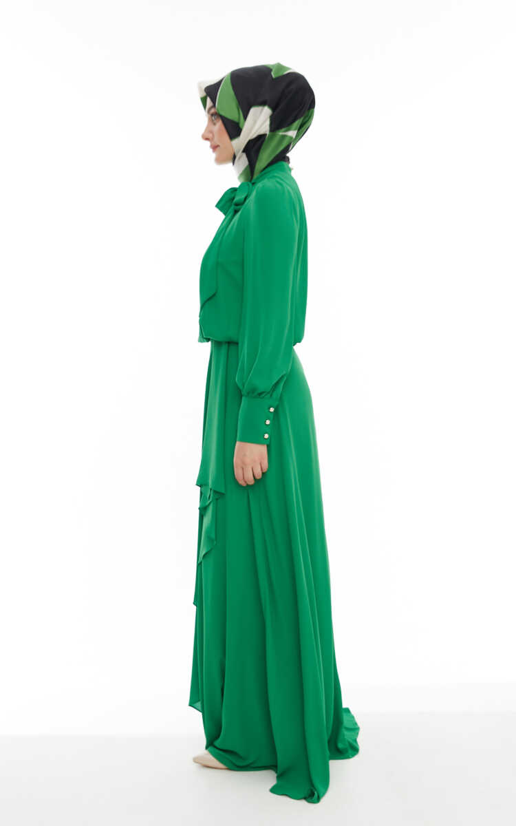 2421007 Yaka Bağlama Detaylı Şifon Abiye Elbise, Tesettür Giyim