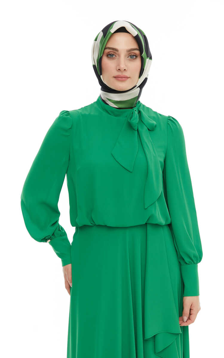 2421007 Yaka Bağlama Detaylı Şifon Abiye Elbise, Tesettür Giyim