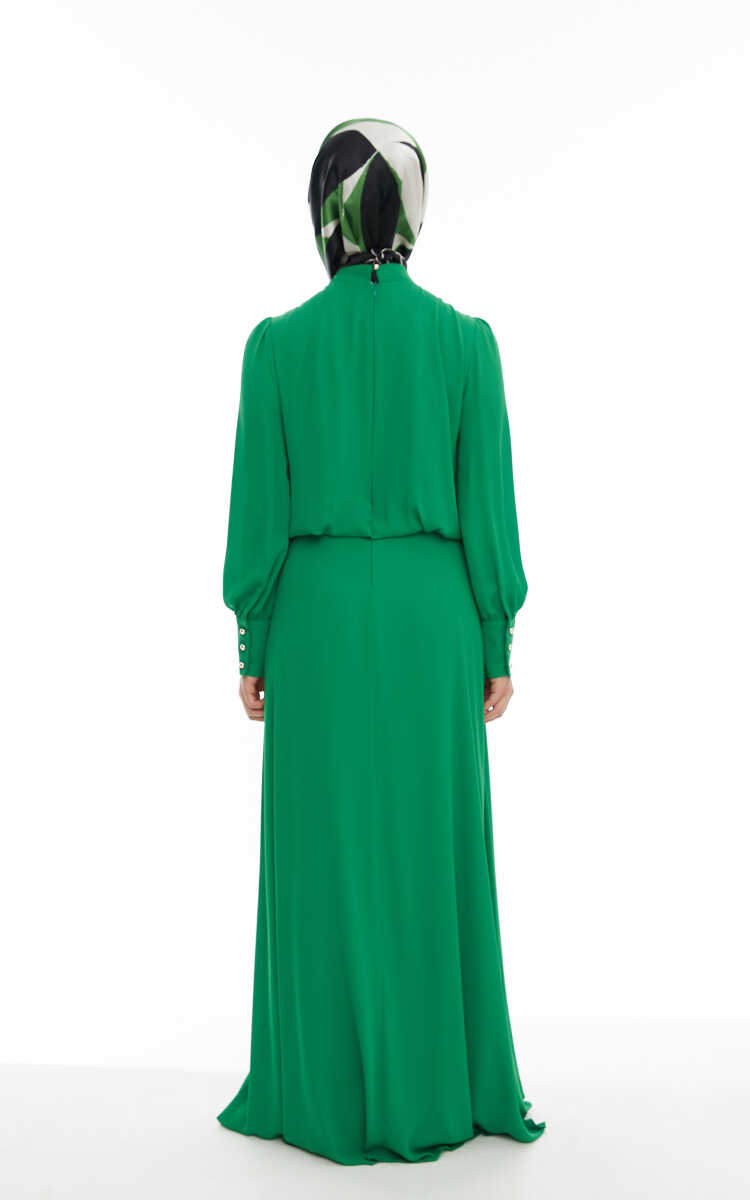 2421007 Yaka Bağlama Detaylı Şifon Abiye Elbise, Tesettür Giyim