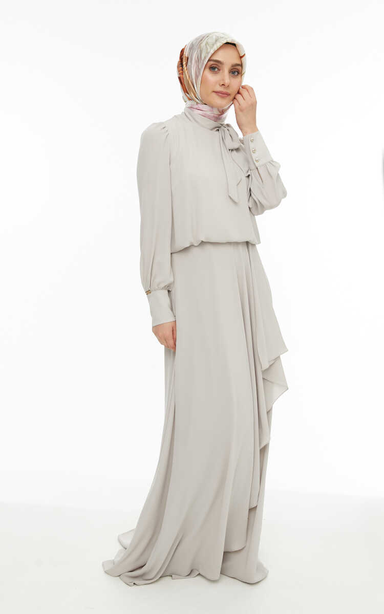 2421007 Yaka Bağlama Detaylı Şifon Abiye Elbise, Tesettür Giyim