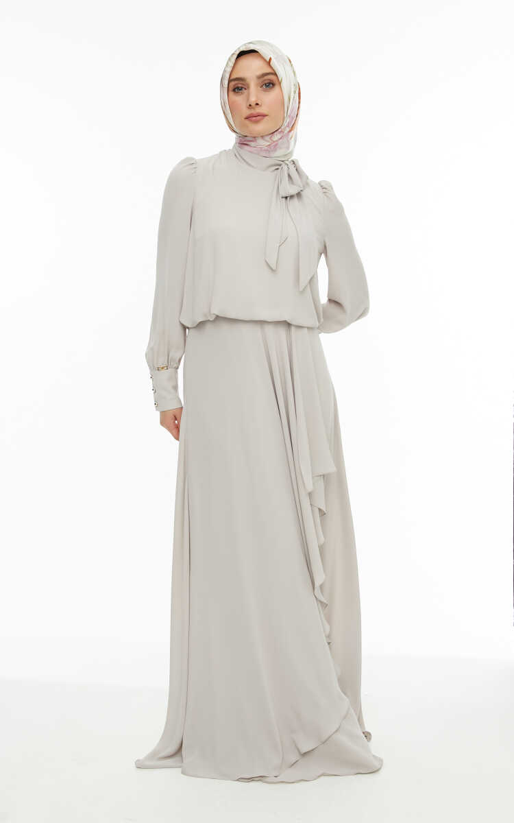 2421007 Yaka Bağlama Detaylı Şifon Abiye Elbise, Tesettür Giyim