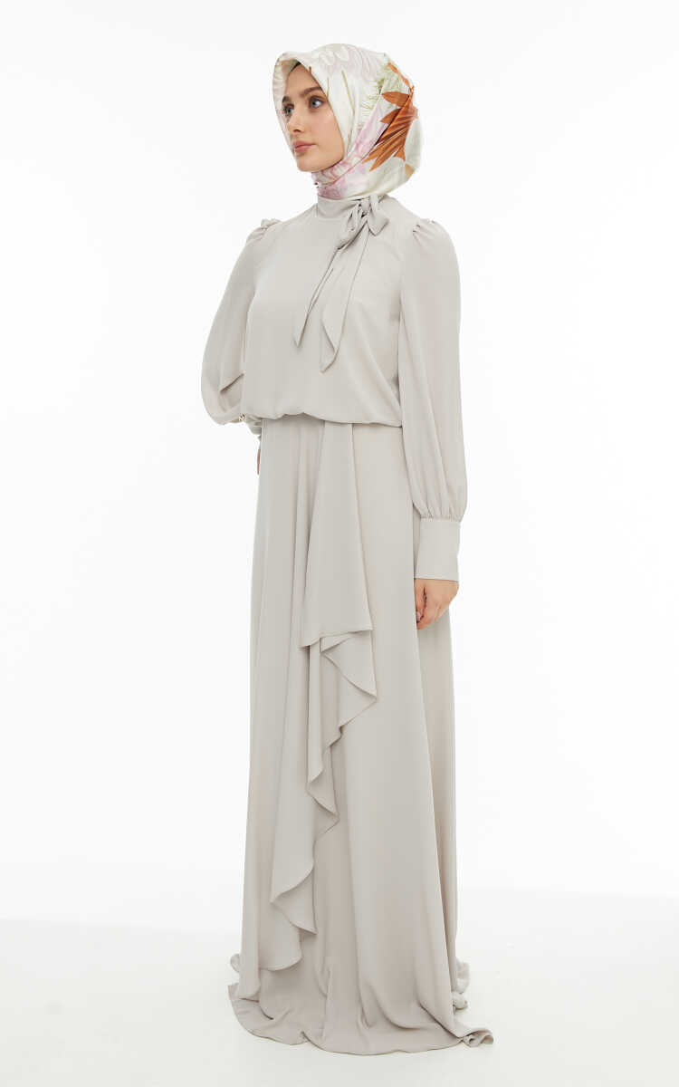 2421007 Yaka Bağlama Detaylı Şifon Abiye Elbise, Tesettür Giyim