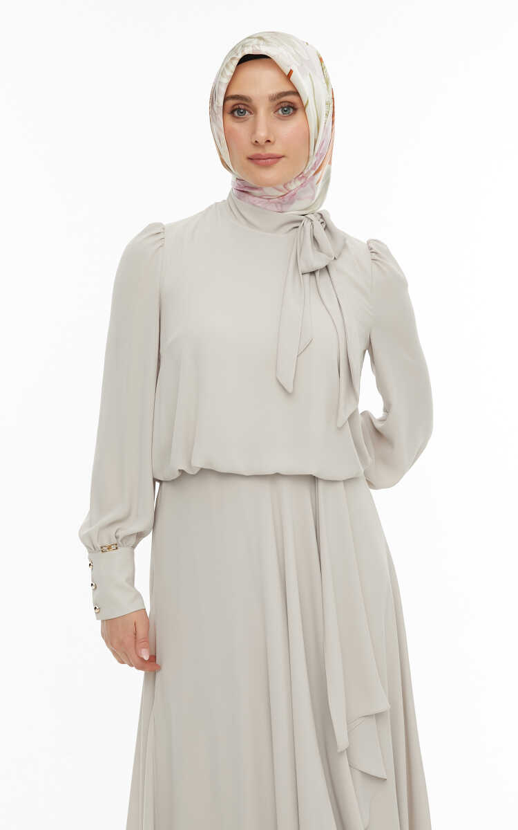 2421007 Yaka Bağlama Detaylı Şifon Abiye Elbise, Tesettür Giyim