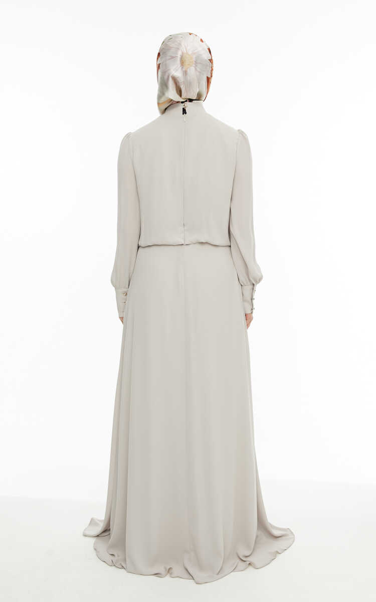 2421007 Yaka Bağlama Detaylı Şifon Abiye Elbise, Tesettür Giyim