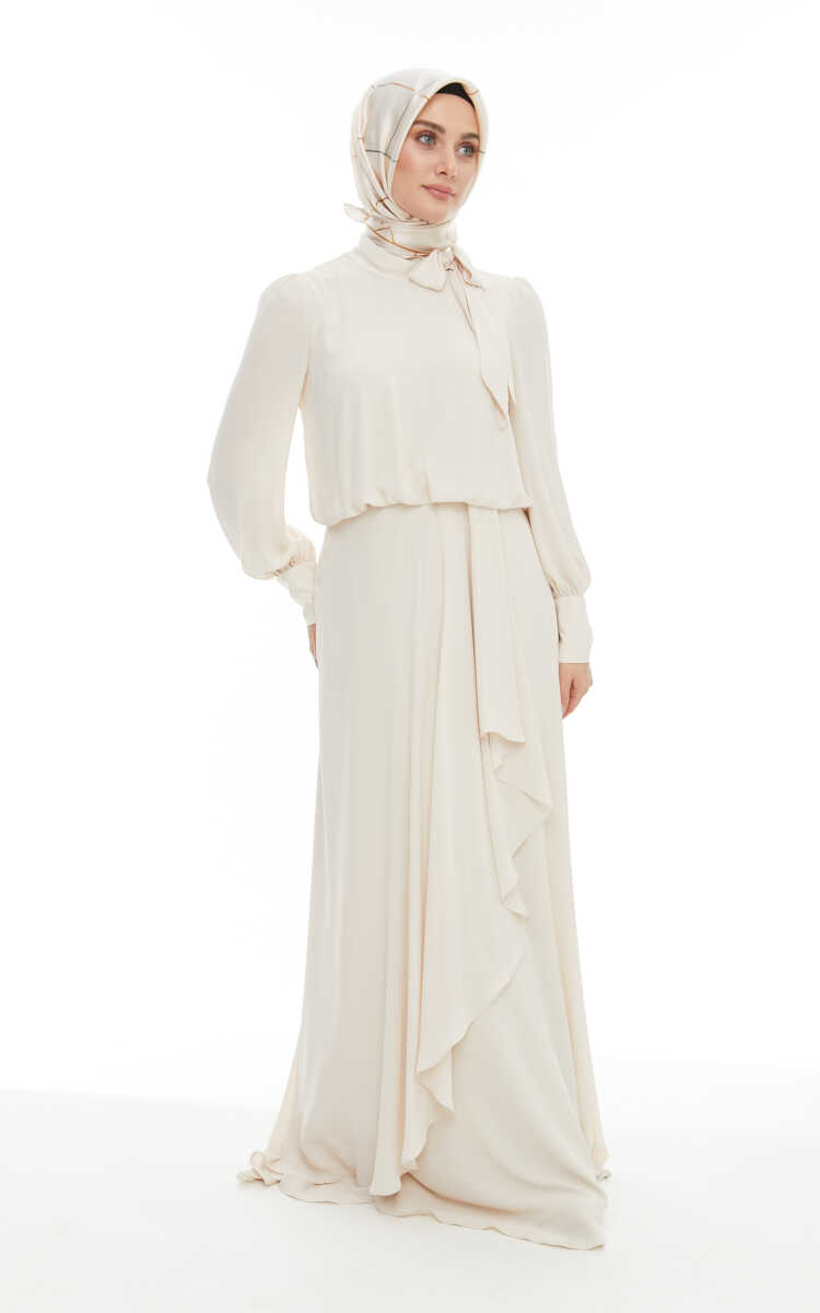 2421007 Yaka Bağlama Detaylı Şifon Abiye Elbise, Tesettür Giyim