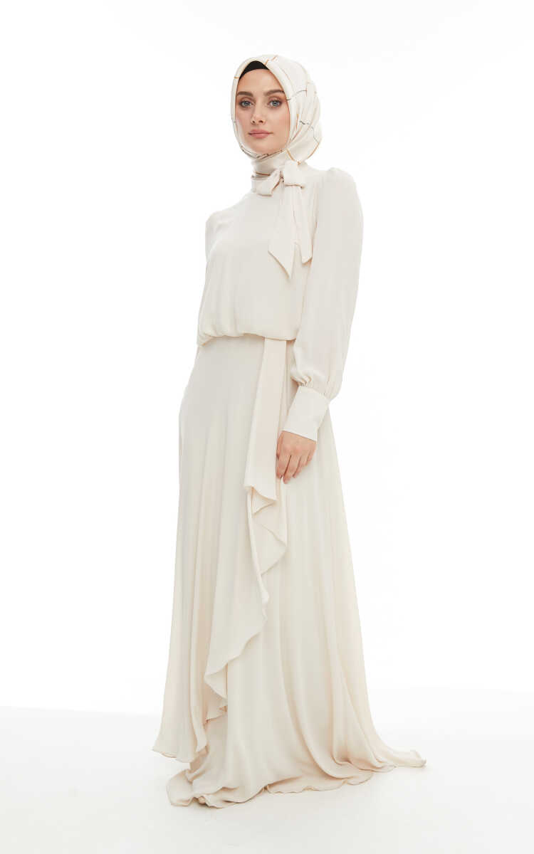 2421007 Yaka Bağlama Detaylı Şifon Abiye Elbise, Tesettür Giyim