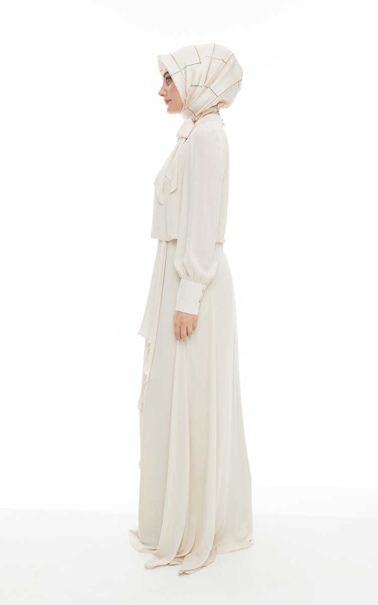 2421007 Yaka Bağlama Detaylı Şifon Abiye Elbise, Tesettür Giyim