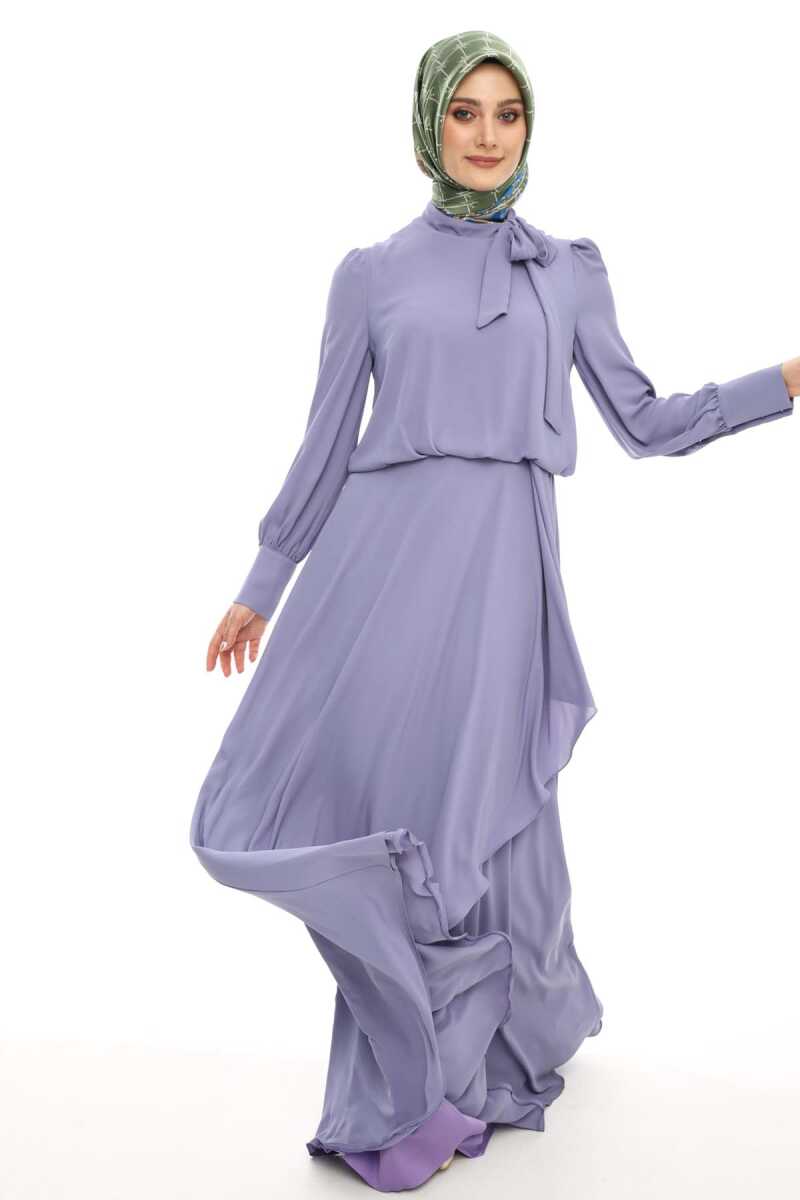 2421007 Yaka Bağlama Detaylı Şifon Abiye Elbise, Tesettür Giyim
