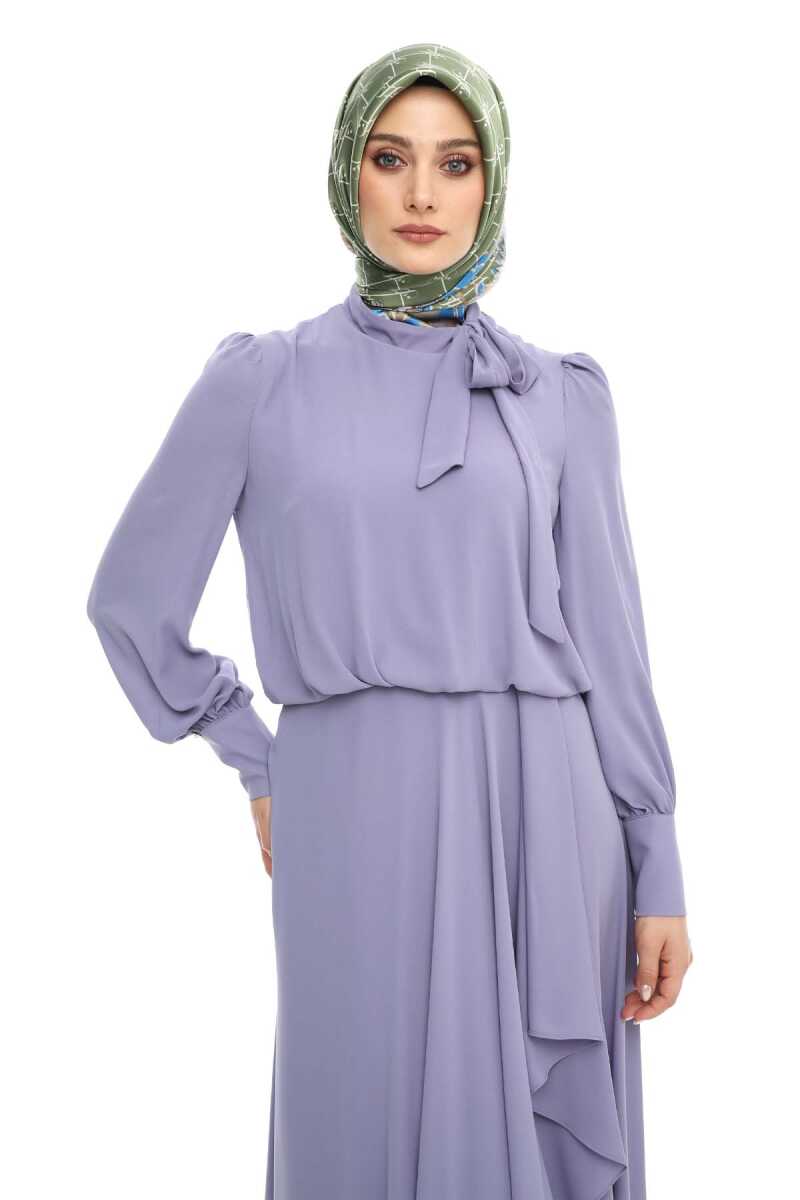 2421007 Yaka Bağlama Detaylı Şifon Abiye Elbise, Tesettür Giyim