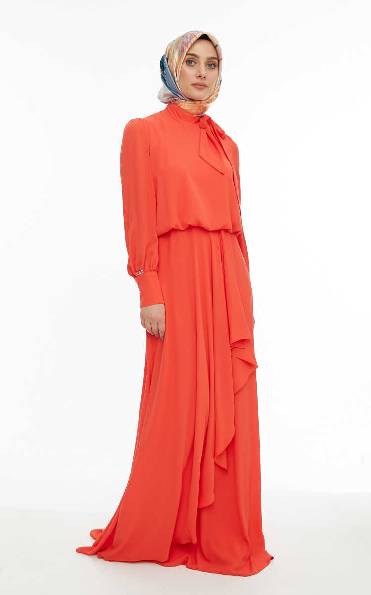 2421007 Yaka Bağlama Detaylı Şifon Abiye Elbise, Tesettür Giyim