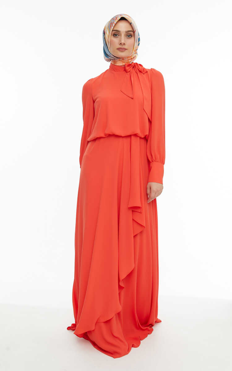 2421007 Yaka Bağlama Detaylı Şifon Abiye Elbise, Tesettür Giyim